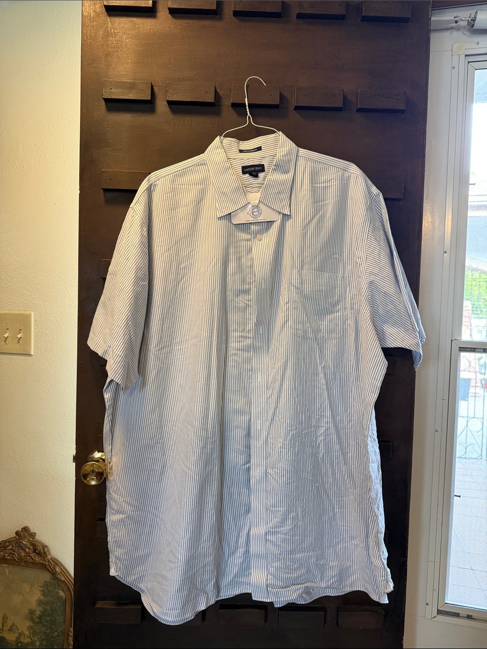Lands' End Blue and White Pinstripe Short Sleeve Dress Shirt